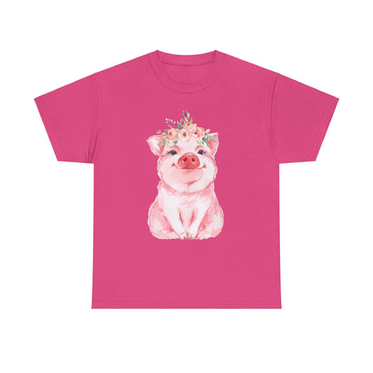 Pig with Flowers-Unisex Heavy Cotton Tee